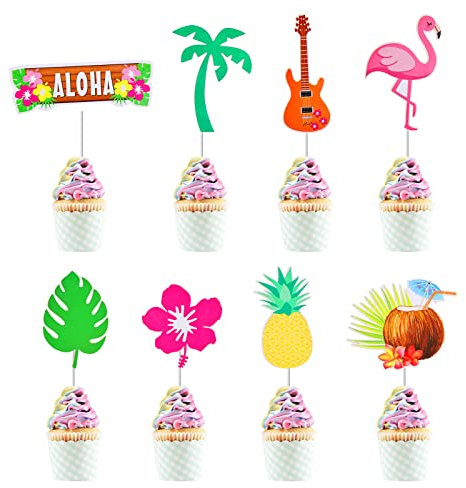 SAVITA 32 Stück Cupcake Topper Sommer, Tropische Hawaii Cupcake Topper Ananas Palmblatt Kokosnuss Aloha Flamingo Kuchen Topper Dekorationen für Sommerparty Luau Poolparty