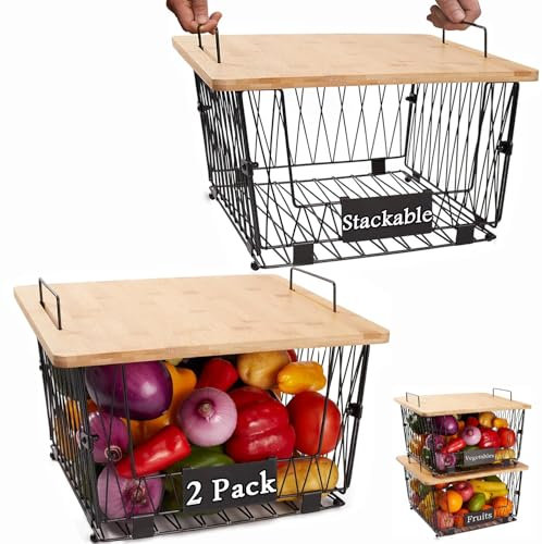 Dxlac Stapelbare Drahtkörbe mit Holzdeckel, Küchen-Arbeitsplatten-Organizer für Obst und Gemüse, großer Metallbehälter für Speisekammer, Organisation und Aufbewahrung, schwarz, 2 Stück