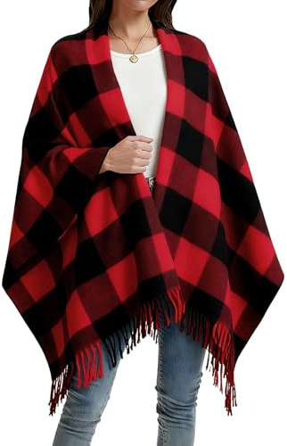 Rayson Poncho Damen Winter Warm Modischer Karierter Schal Damen Faux Kaschmir Karierter Schal Damen Winter Kaschmirschal und Schal verdickter Warmer weicher Schal(Rot)