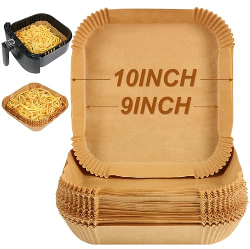 BYKITCHEN 9 Inch Square Air Fryer Liners, Disposable Parchment, 50 Count | Large Air Fryer Paper Liners, Compatible with Ninja, COSORI, Tower Fryers and Oven,Non-Stick,Unbleached