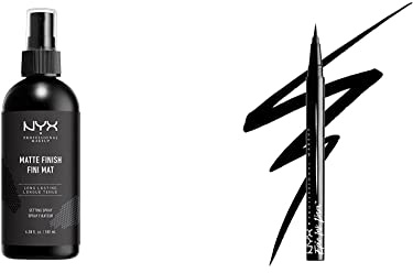 NYX Professional Makeup Spray Fixateur de Maquillage, Tenue Longue Durée, Spray de Finition, Formule Vegan, Fini Mat, Format Maxi 180 mL & Eyeliner Feutre Epic Ink Liner, Waterproof, Black