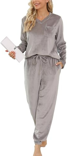 Vlazom Pigiama Donna Flanella Pigiami Due Pezzi A Maniche Lunghe Invernali | Flanella Morbida e Calda, Tasca Petto Pratica, Scollo a V Elegante, Disponibile in Più Colori Tinta Unita