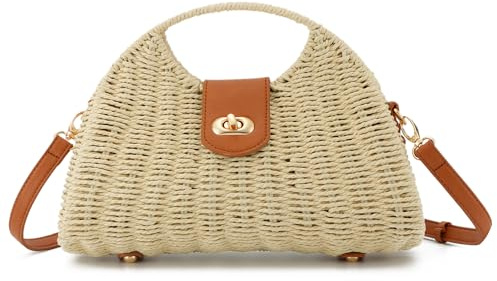 EVEOUT Sac à bandoulière Paille Femme Boho Chic Sac à Main Panier été en Rotin Tissé pour Plage Vacances(Beige 02)