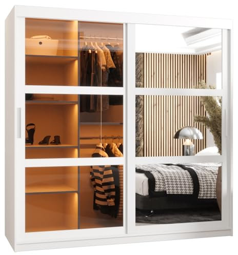 MEBLE KRYSPOL Dome 2 Schrank mit Zwei Schiebetüren mit Spiegel, Stangen und Regalen - Aufbewahrungsschrank mit Rauchglas für Schlafzimmer, Wohnzimmer - 200x180x62cm - Weiß, Weiß, Silber