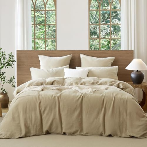 Lanqinglv Doppelte Musselin Bettwäsche 220x240 Baumwolle,Kuschelige Leinenoptik ÖKO-TEX Bettwäsche Beige mit Reißverschluss und 2 Kissenbezug 80x80cm