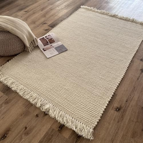 Rita Rugs Home Alois, 100% New Zealand Wool, Exquisite, Unique and Chunky Hand Woven Woollen Area Rug for Bedroom, Living Room, Boho, Farmhouse, Modern, Cream, 120cm x 180cm, 4ft x 6ft