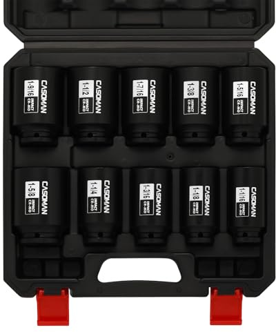 CASOMAN 10PCS 1/2 Drive Deep Spindle Axle Nut Impact Socket Set, 6-Point, Large Socket Set, SAE (1-1/16 to 1-5/8), CR-MO