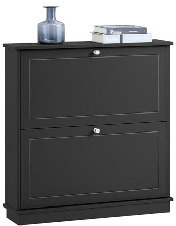SoBuy Schuhschrank schmal mit 2 Klappen 76x78x18cm für Flur | Schuhkipper für bis zu 10 Paar Schuhe, MDF E1, Kippsicherung, maximale Schuhgröße 45, schwarz FSR99-SCH