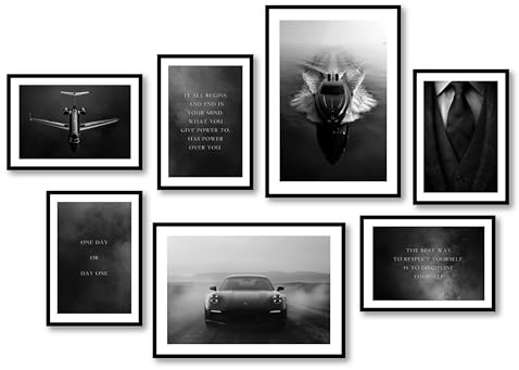MJ-GRAPHICS® - Mood Poster Set Bilder Büro, Wandbilder Wohnzimmer Deko, Wandbild Porsche, Motivation, 2xA3 5xA4 Poster & Kunstdrucke Schwarz Weiß Bilder Schlafzimmer, Bilder Modern ohne Rahmen