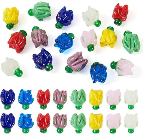 Beadthoven 8 Colors Tulip Glass Beads 16 PCS Colorful Flower Shape Lamp Work Beads Opaque Clear Crystal Spacer Beads for DIY Handmade Bracelet Earrings Jewelry Making