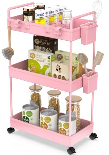Ronlap Slim Storage Trolley, 3 Tier Rolling Cart Storage Organizer, Utility Rolling Cart with Handle Hanging Cups Dividers for Office Bathroom Kitchen Laundry Room Narrow Places, Pink