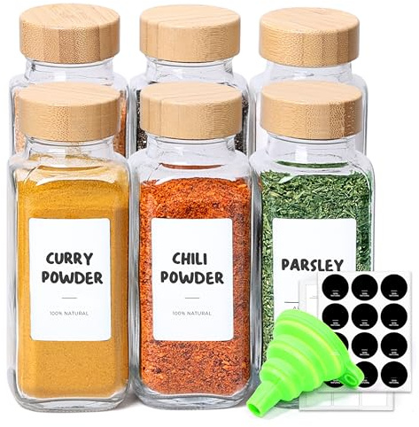 ComSaf 240ml Glass Spice Jars with Lids & Labels, Seasoning Jar, 6 Pack | Spice Bottles for Herbs & Seasoning Jar, Mini Glass Storage Containers with Bamboo Lids & Labels for Spice Racks Storage