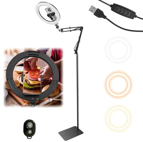 Ring Light with Tripod Stand & Phone Holder,Flexible Overhead Mount, CRI >95,Overhead Phone Camera Mount with Remote Control,RingLight Tripod Stand for Video Recording/Live Streaming/Cooking TikTok