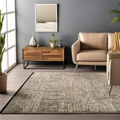 HomebyHome Baumwolle Teppich Beige 240x340 cm - Waschbar, Boho-Stil, Vintage Kelim, Kurzflor, rutschfest & Weich, Einfarbig Meliert, Für Wohnzimmer, Schlafzimmer, Büro & Küche