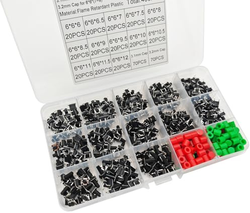 Gebildet Kit Surtido de 460 Interruptores Pulsadores Táctiles Micro Momentáneos de 6 x 6mm con Tapas, 13 Valores, 4 Pines
