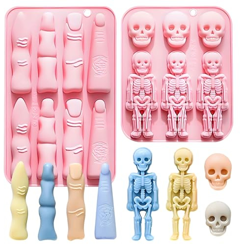 Butabeishy Halloween Skelett und Finger Silikon Eiswürfelformen Set, 2 Stück, Rosa, für Partys Feiern Getränke Desserts