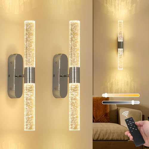 Stepeak Rechargeable Wall Lights Set of 2, Battery Operated Wall Lights with Remote, Chrome Wireless Wall Light with Bubble Glass Shade, Crystal Battery Powered Wall Sconces for Living Room Bedroom