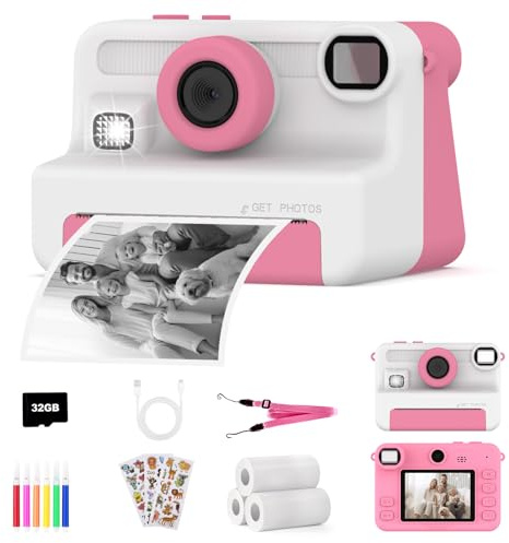 AMZSA Sofortbildkamera Kinder, 1080P HD Kinderkamera Sofortdruck mit 32GB Karte, Digitalkamera Spielzeug Geburtstag und Weihnachten Geschenke für Jungen/Mädchen 3 4 5 6 7 8 9 10 11 12 Jahren (Rosa1)