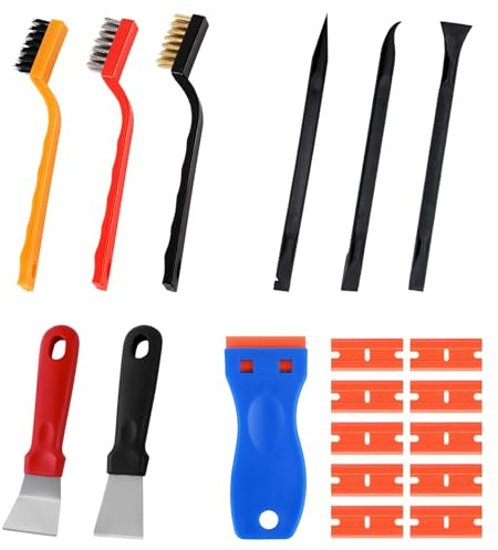 Plastic Scraper Tool Non Scratch 19 Pcs, Cleaning Scraper with 10 Spare Replacement 2 Pcs Oven Scraper 3 Pcs Small Wire Brush 3 Pcs Scraper Pens for Removing Sticker Labels Paint Stain Rust