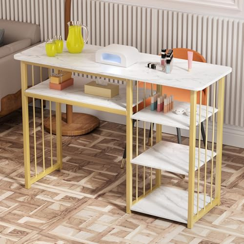 Escritorio portátil para uñas, mesa de manicura con textura de mármol con múltiples estantes abiertos, perfecto para salón de belleza y spa, elegante estación de uñas blanca para profesionales