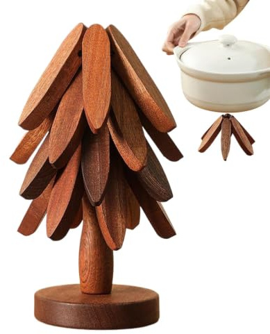 Untersetzer aus Holz für heiße Gerichte, 4 Baumförmige Holzuntersetzer + 1 Ständer Weihnachtsbaum, Faltbare Untersetzer, Hitzebeständige Pads für heiße Töpfe, Pfannen, Schüssel