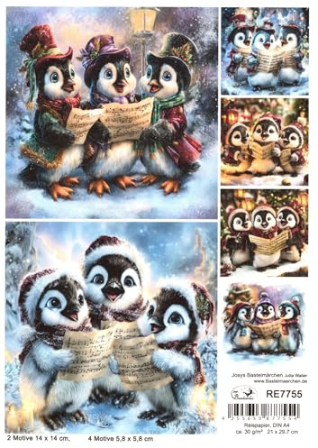 Josys Bastelmärchen Reispapier DIN A4 Strohseide Weihnachten süße Pinguine Notenblatt Singe RE7755