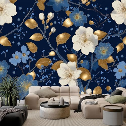 Vlies Fototapete Elegant Blumen Blätter Pflanzen, Tapete Dunkelblau Vliestapete Wandtapete Mustertapete Wandbild Dekoration für Schlafzimmer Wohnzimmer Kinderzimmer 150 x 105 cm (B x H)