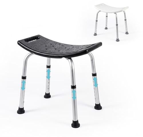 Mobiclinic®, Taburete de Baño, Conteras Antideslizantes, Regulable en 7 Alturas, Asiento en U, Agujeros Drenaje, hasta 100 Kg, Ligero, Fácil Montaje, Aluminio, San Fermín