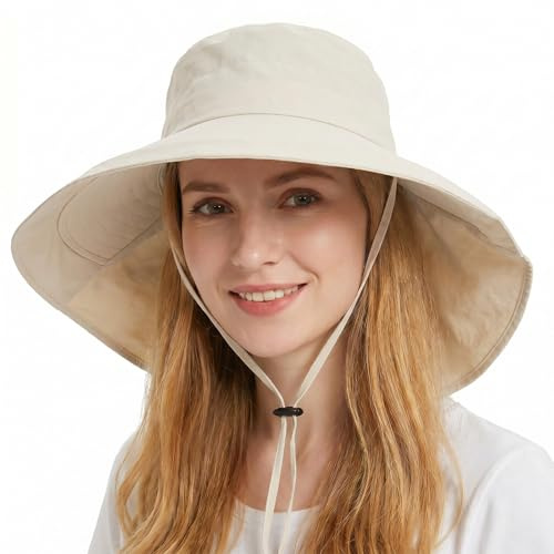 Sonnenhut Damen Safari Hut UV Schutz UPF 50+, Beige 54-60CM Kopfumfang Verstellbar,14cm Breite Krempe 18cm Nackenschutz Zopföffnung Sonnenschutz Kopf Sonnenhut Damen Faltbar Sommerhut Strandhut