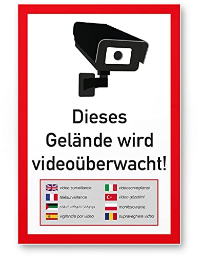 Komma Security Terräng videoövervakning flerspråkig plastskylt 20 x 30 cm – Varning videoövervakning – Anmärkning skylt videoövervakning – varningsskylt videoövervakning