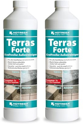 HOTREGA Terras Forte Steinreiniger 2x 1 L | Konzentrat für Außenbereiche | Terrassenreiniger ohne Schrubben | Für Naturstein & Beton | Aktivchlor-Formel gegen Schmutz | Ergiebig bis 200 m²