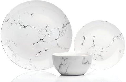 Sabichi Marble 12pc Grey & White Porcelain Dinner Set - Microwave & Dishwasher Safe Plates and Bowls Set - 4 x Dinner Plates, 4 x Side Plates, 4 x Soup Bowls