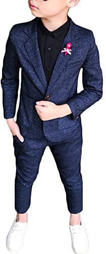 Jungen Kinder Anzug Plaid Zweiteiliges Set Lange Ärmel Revers Blazer Hosen Outfit Blau 150