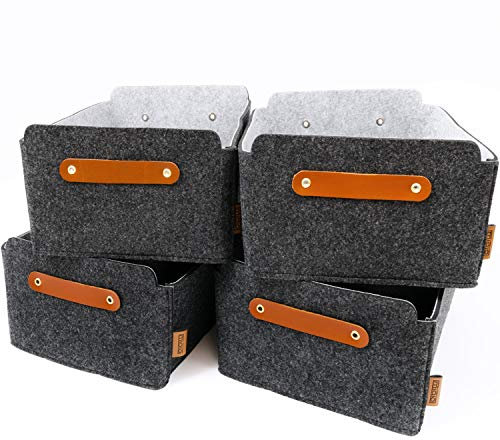 Miqio® Design Aufbewahrungsbox aus Filz mit Ledergriff | hochwertiger Korb aus Filz | Filzbox mit Echtleder Elementen | Regalkorb | dunkelgrau anthrazit | Filzkorb 4er Set