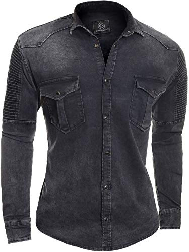 D&R Fashion Men's Denim Shirt Snap Buttons Ribbed Arms Stretchy Black Size 3XL
