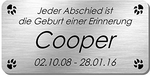 Edelstahl Tiergedenktafel mit Lasergravur - Grabschild * Modell Cooper | Grabschmuck, Gedenktafel für Hunde, Katzen und andere Tiere, Größe ca. 100 x 50 mm, viele Schriftarten