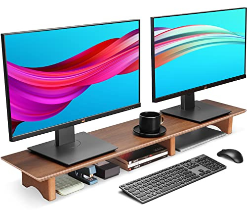 Aothia Dual Monitor Stand Riser,Wooden Desktop Organizer Stand with Sustainable Cork Block Legs Supports Heavy Computers/TV/PC,Perfect Shelf Organizer for Office (Black Walnut, Large)