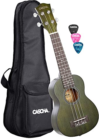 Cascha Mahagoni Sopran Ukulele Erwachsene & Kinder in Grün - inkl. 3 Plektren & gepolsterte Tasche - Mahagoniholz-Ukulele für Anfänger & Fortgeschrittene - Aquila Nylon-Saiten