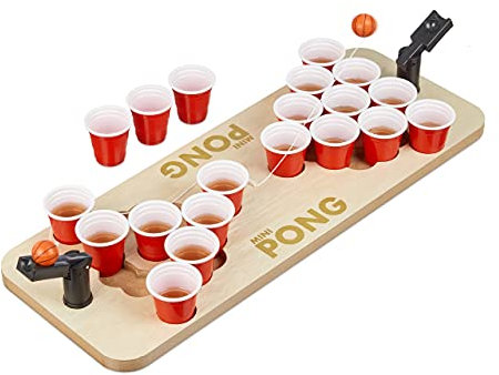 Relaxdays Mini Beer Pong, Trinkspiel Set, 25 rote Becher, 4cl, Bier & Shots, für unterwegs, HxBxT: 9x58x20 cm, Natur