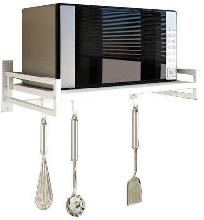 ABCOOL Wandmontage Mikrowellenofen Regal Rack für die Küche zu Hause, Carbon Stahl Counter Countertop Halter mit Haken Schiene und 3 verschiebbare Haken