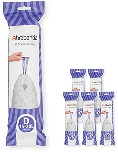 Brabantia Müllbeutel PerfectFit Multipack (Code D - 15L / 20L) Extra Starke Müllsäcke mit Zugband, 6 rollen (120 Müllbeutel)