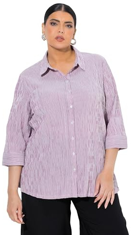 Ulla Popken Blusa con Increspatura a Bolle, Righe, Collo da Camicia e Maniche a 3/4 Rosso Borgogna 54+ 797458820-54+