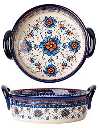 Bicuzat Plat de cuisson en céramique de style vintage avec poignées pour four/cuisine/cuisine - Motif floral bleu et orange - 950 ml