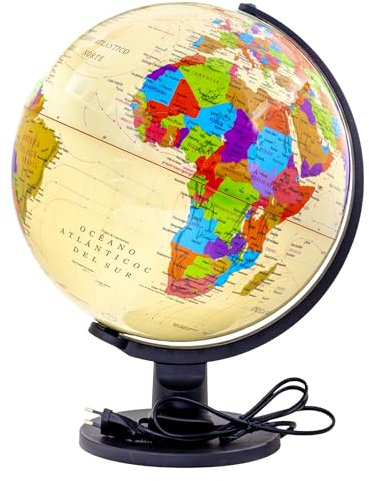 Raylu Paper - Pallone da terra illuminato e girevole, cartografia e meridiano, sfera del mondo in spagnolo (Crema, 32 cm)