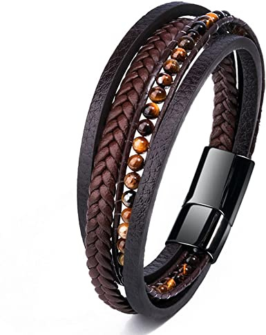 Ategazza Bracciale Pelle Uomo Multistrati Cuoio con Naturale Occhio di Tigre Intrecciata 21cm gb512 (Marrone)