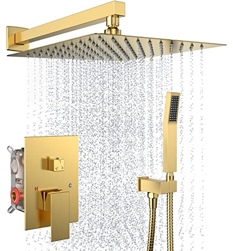 Rain Shower System 10 Inches Shower Head with Handheld Combo Set for Bathroom,High Pressure Rainfall Shower Faucet Set Wall Mounted,Rough-in Valve and Trim Kit(Brushed Gold)