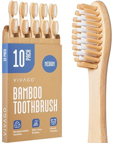 VIVAGO Bamboo Toothbrushes Medium Bristles 10 Pack - Eco-Friendly, Compostable & Biodegradable Toothbrush - Natural Wooden Toothbrushes