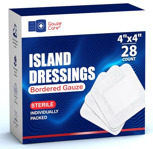 GauzeCare Island Dressing 4x4 inch 28 Pcs| Individually Packed Sterile Pouches| 2x2 Non-Stick Pad in Center with Acrylic Adhesive Borders| Water-Resistant Adhesive Pads for Wound Care and Dressing