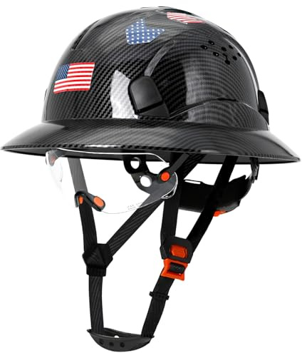 Aolamegs Safe Bright Black Carbon Fiber Pattern Full Brim Hard Hat with Visor -Vented Hard Hats Construction OSHA Approved for Men Adult, Reflective Safety Helmet with Chin Strap,6-Point Suspension
