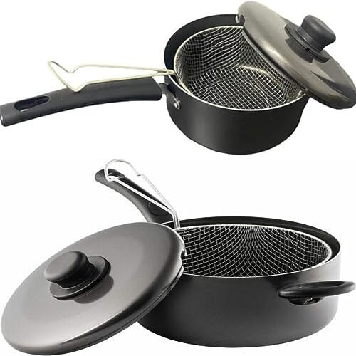 22CM Aluminium Deep Chip Pan Fat Frying With Wire Basket Lid Non-Stick Chip Fryer Polished Induction Bottom Dark BNIB Grey